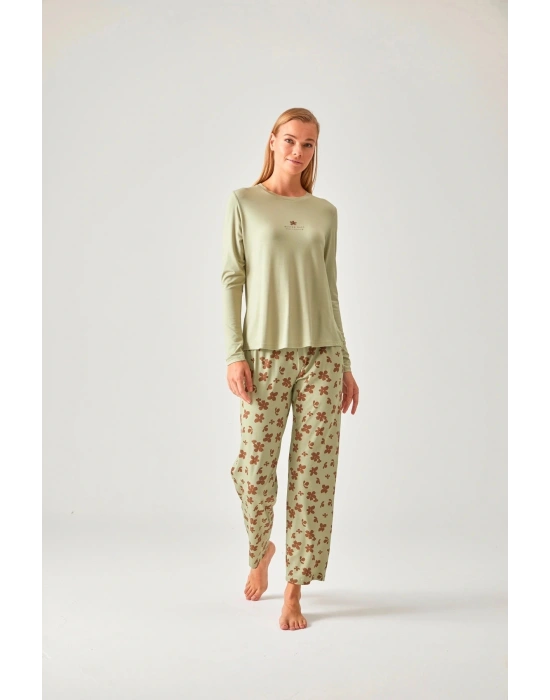 FISTIK YEŞİL ÇİÇEK BASKILI BİSİKLET YAKA PİJAMA TAKIMI