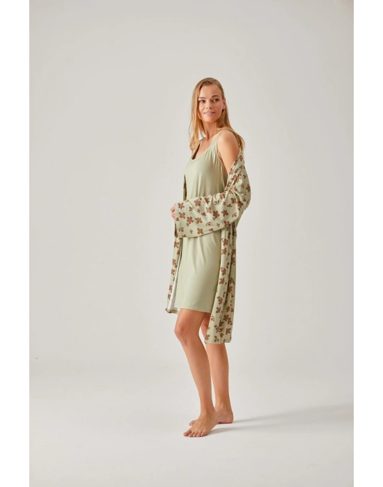 Fıstık Yeşil Çiçekli Viskon Kadın Sabahlık