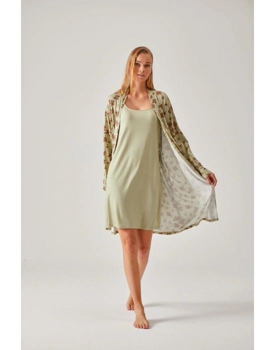 Fıstık Yeşil Çiçekli Viskon Kadın Sabahlık