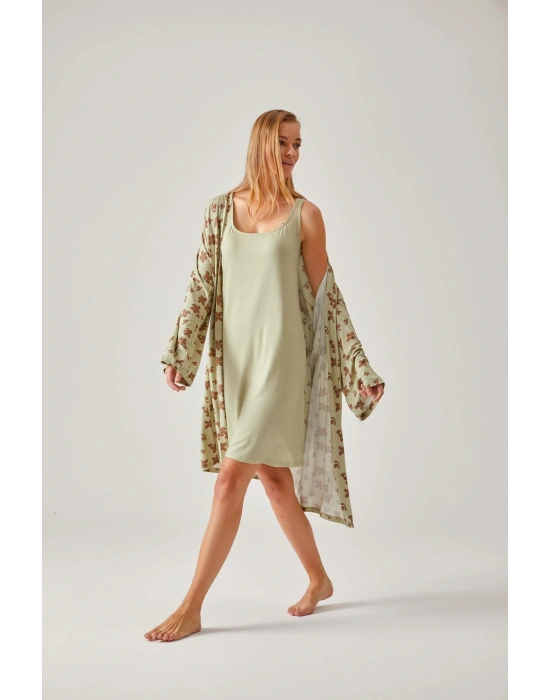 Fıstık Yeşil Çiçekli Viskon Kadın Sabahlık