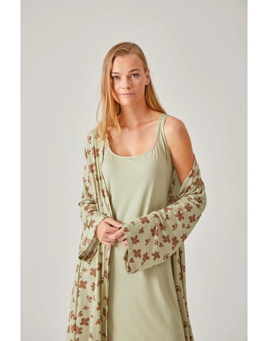 Fıstık Yeşil Çiçekli Viskon Kadın Sabahlık