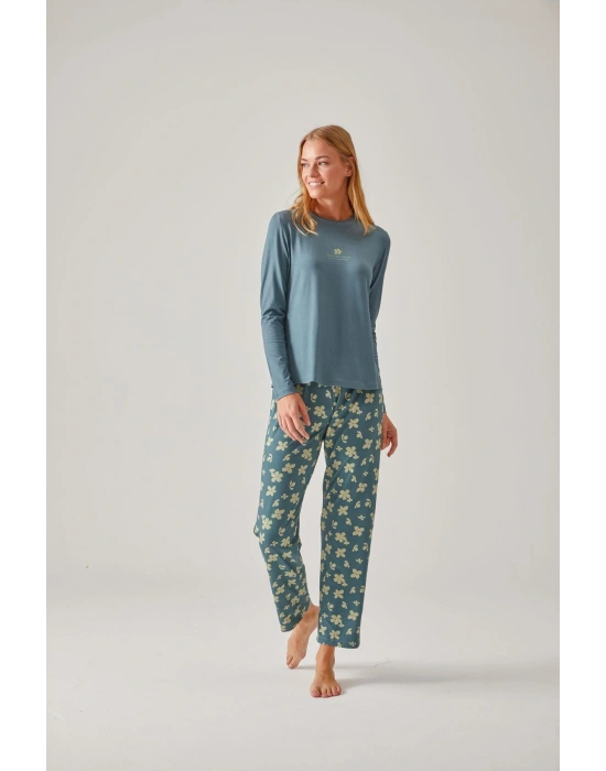Koy Yeşil Çiçek Baskılı Bisiklet Yaka Viskon Kadın Pijama Takımı