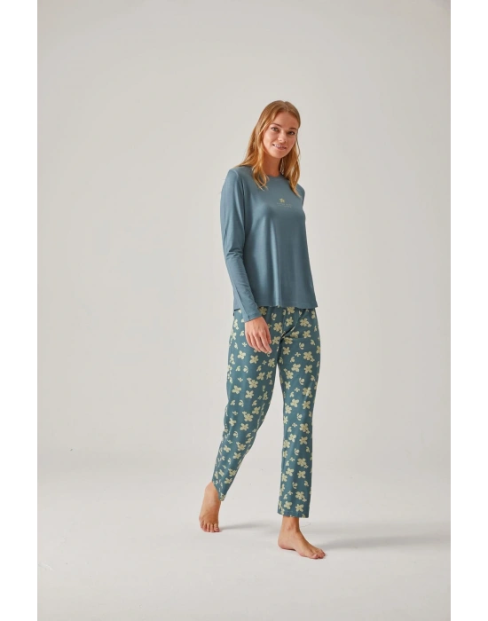 Koy Yeşil Çiçek Baskılı Bisiklet Yaka Viskon Kadın Pijama Takımı