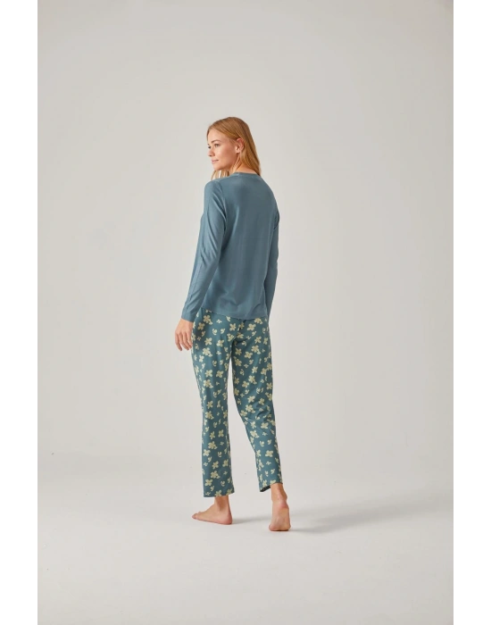 Koy Yeşil Çiçek Baskılı Bisiklet Yaka Viskon Kadın Pijama Takımı