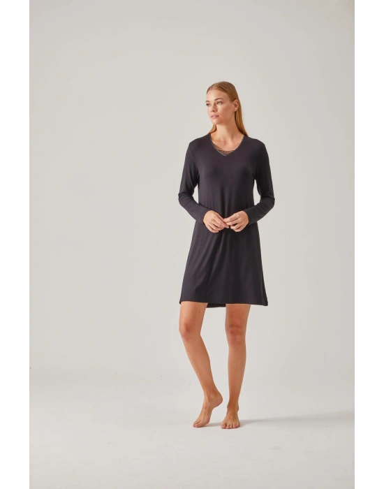 Siyah V Yaka Saten Biyeli Viskon Kadın Gecelik