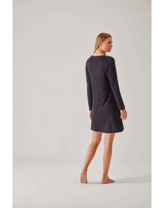 Siyah V Yaka Saten Biyeli Viskon Kadın Gecelik