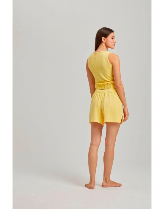 Sarı Kalın Askılı Viskon Kadın Şortlu Takım