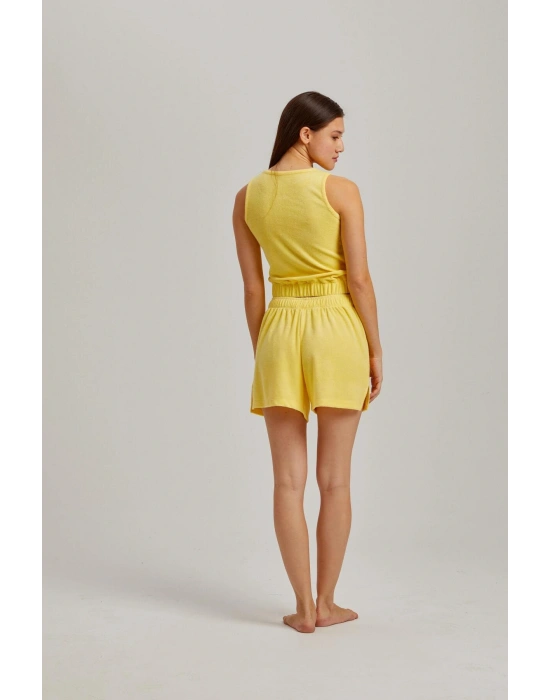 Sarı Kalın Askılı Viskon Kadın Şortlu Takım
