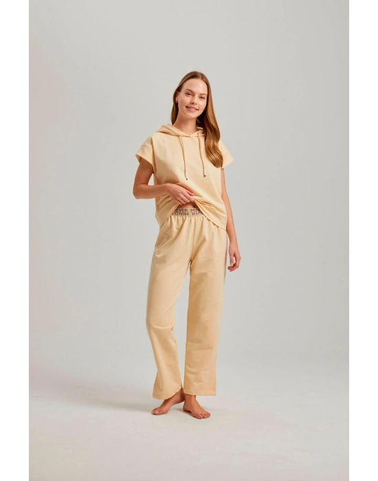 Bej Kısa Kol Kapşonlu Bel Aksesuarlı Iki Iplik Kadın Pantolonlu Takım