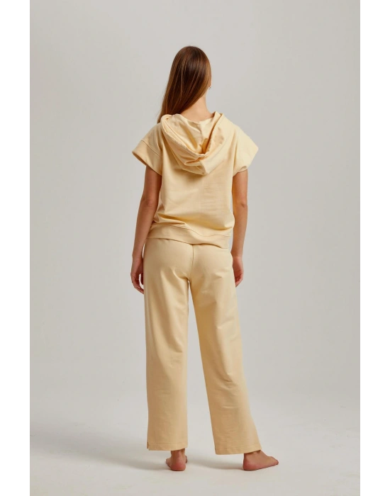 Bej Kısa Kol Kapşonlu Bel Aksesuarlı Iki Iplik Kadın Pantolonlu Takım