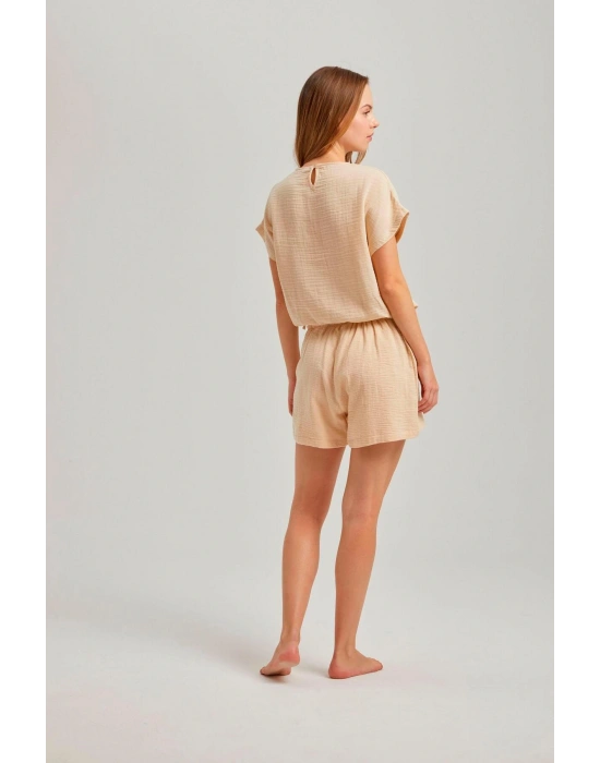 Bej Yandan Ipli Kadın Şortlu Müslin Takım