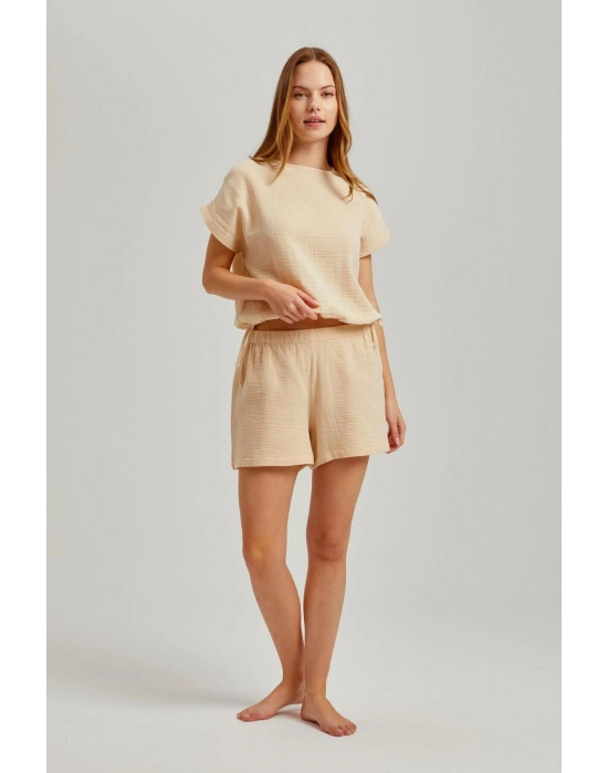 Bej Yandan Ipli Kadın Şortlu Müslin Takım
