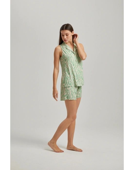 Yeşil Dalga Desen Kısa Kollu Düğmeli Şort Takım