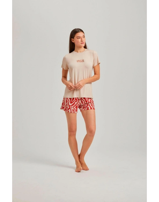 Taş Rengi Bisiklet Yaka Vogue Baskılı Dalga Desen Viskon Şortlu Kadın Pijama Takım
