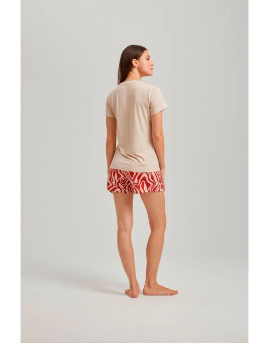 Taş Rengi Bisiklet Yaka Vogue Baskılı Dalga Desen Viskon Şortlu Kadın Pijama Takım