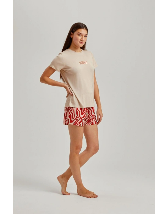 Taş Rengi Bisiklet Yaka Vogue Baskılı Dalga Desen Viskon Şortlu Kadın Pijama Takım
