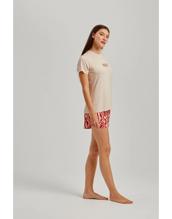 Taş Rengi Bisiklet Yaka Vogue Baskılı Dalga Desen Viskon Şortlu Kadın Pijama Takım