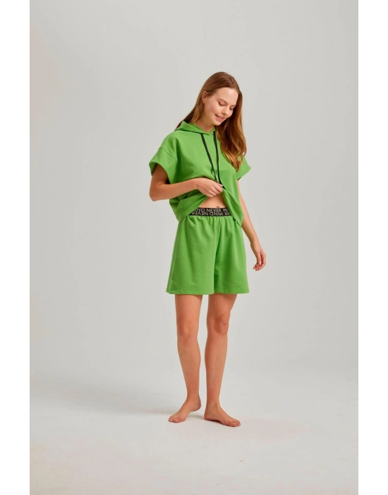 Yeşil Kısa Kol Kapşonlu Bel Aksesuarlı Iki Iplik Kadın Şortlu Takım