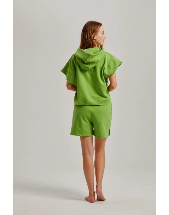 Yeşil Kısa Kol Kapşonlu Bel Aksesuarlı Iki Iplik Kadın Şortlu Takım