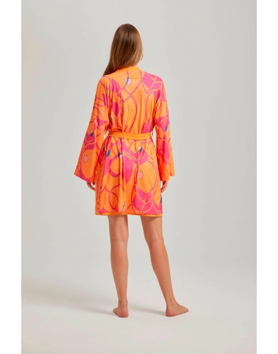 Turuncu Çizgili Desen Viskon Kadın Sabahlık
