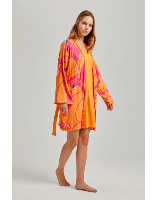 Turuncu Çizgili Desen Viskon Kadın Sabahlık