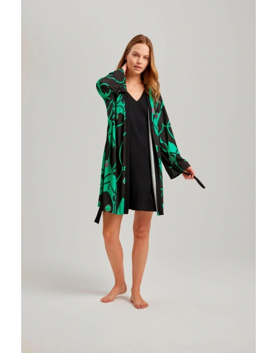 Siyah Çizgili Desen Viskon Kadın Sabahlık