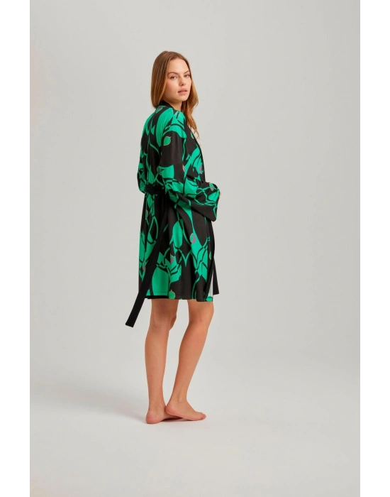 Siyah Çizgili Desen Viskon Kadın Sabahlık