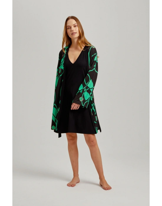 Siyah Çizgili Desen Viskon Kadın Sabahlık