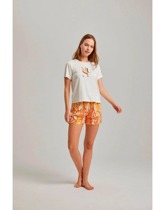 Ekru Baskılı Bisiklet Yaka Tişört Şal Desen Viskon Kadın Şortlu Takım