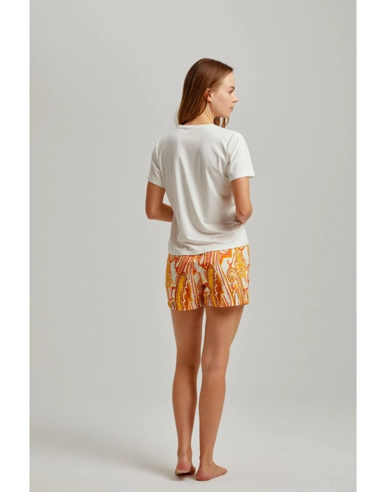 Ekru Baskılı Bisiklet Yaka Tişört Şal Desen Viskon Kadın Şortlu Takım