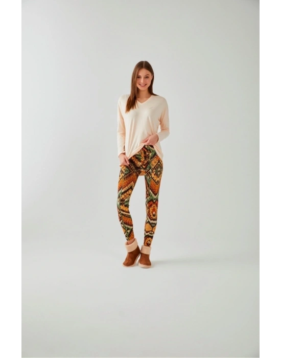 Pudra Renk V Yaka Hardal Etnik Desen Tayt Takım