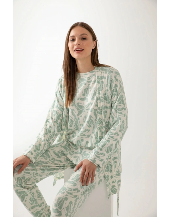 Yeşil Renk Desenli Yumoş Kadın Sabahlık