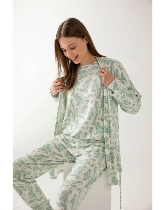 Yeşil Renk Desenli Yumoş Kadın Sabahlık