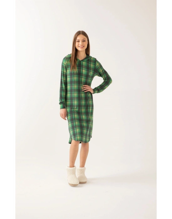 Yeşil Renk Ekose Kapşonlu Kadın Gecelik