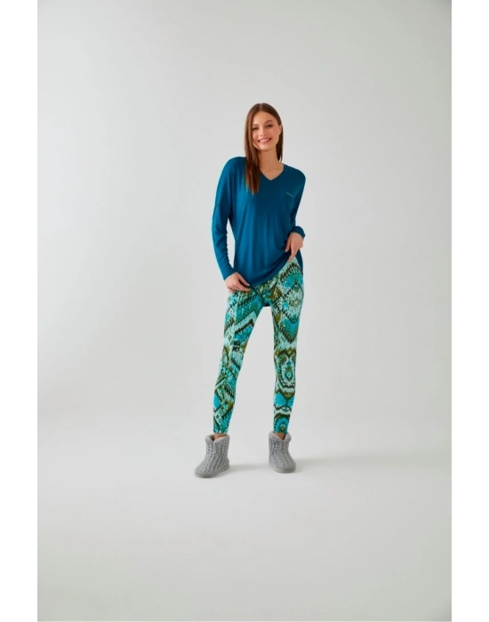 Petrol Mavi V Yaka Etnik Desen Tayt Takım
