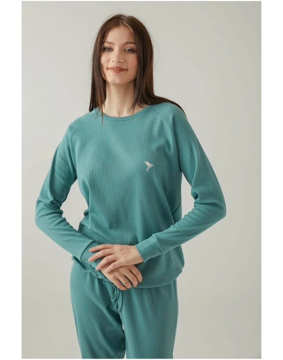 Yeşil Fitlli Belden Bağlamalı Pijama Takımı