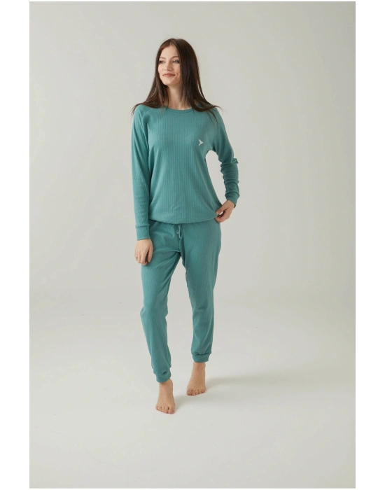 Yeşil Fitlli Belden Bağlamalı Pijama Takımı