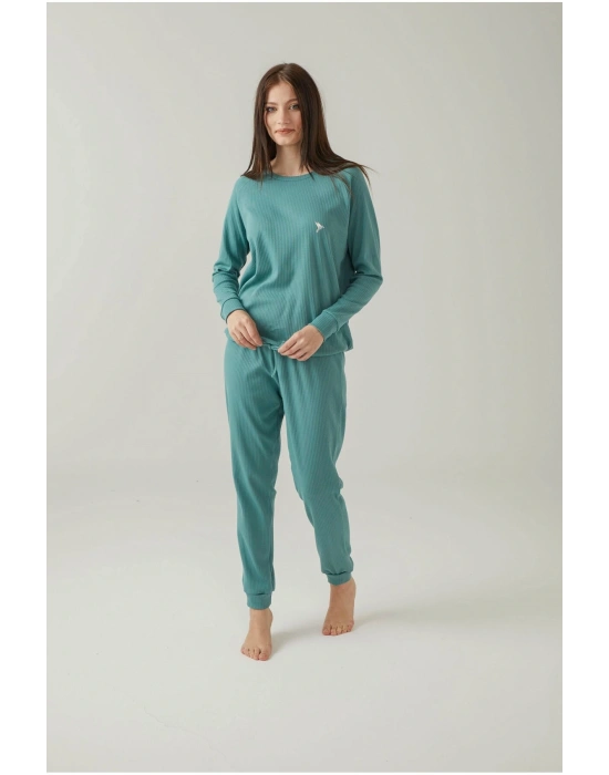 Yeşil Fitlli Belden Bağlamalı Pijama Takımı