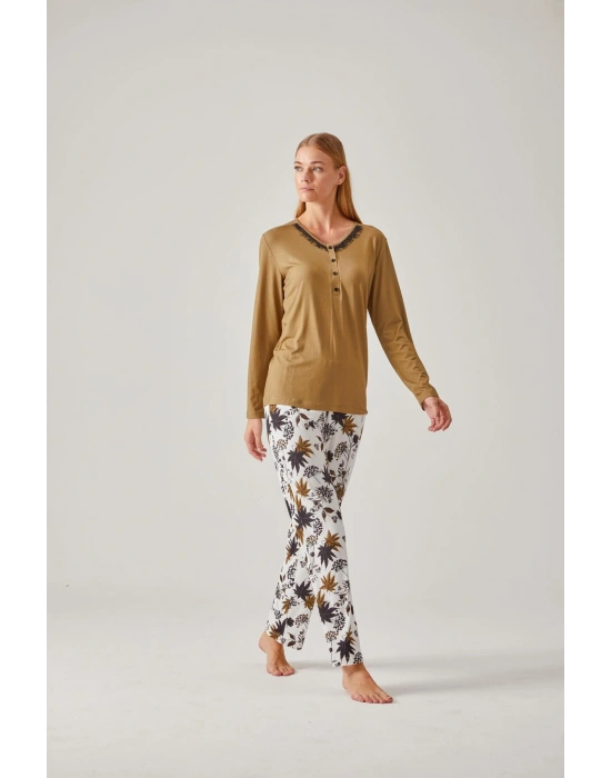 Ceviz Yeşil Tişört & Siyah Ceviz Yeşil Çiçek Desenli Viskon Kadın Pijama Takımı