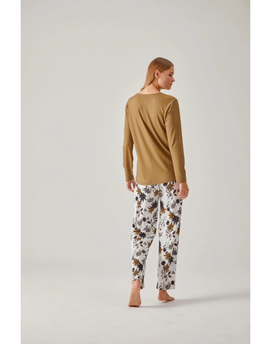 Ceviz Yeşil Tişört & Siyah Ceviz Yeşil Çiçek Desenli Viskon Kadın Pijama Takımı