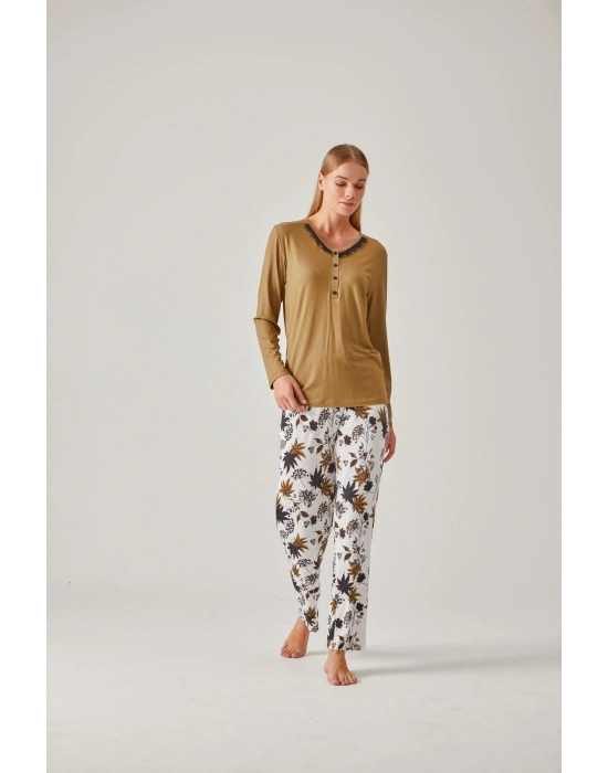 Ceviz Yeşil Tişört & Siyah Ceviz Yeşil Çiçek Desenli Viskon Kadın Pijama Takımı
