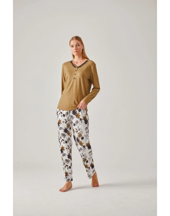 Ceviz Yeşil Tişört & Siyah Ceviz Yeşil Çiçek Desenli Viskon Kadın Pijama Takımı