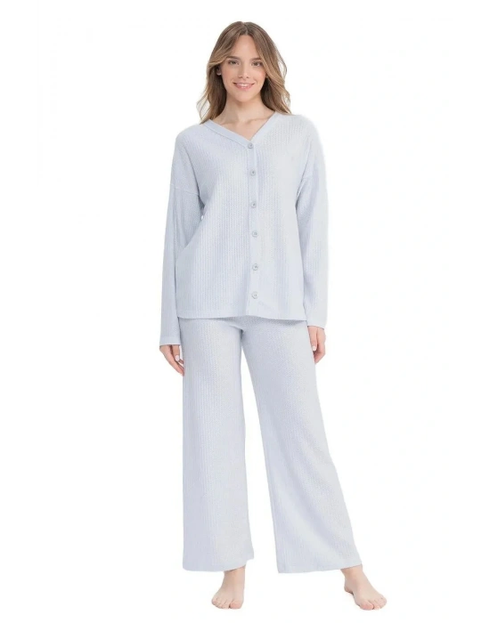 U.s Polo Assn. 17097 Kadın Delikli Polar Waffle Kumaş  Uzun Kollu Önden Düğmeli Pijama Takım-Grimela