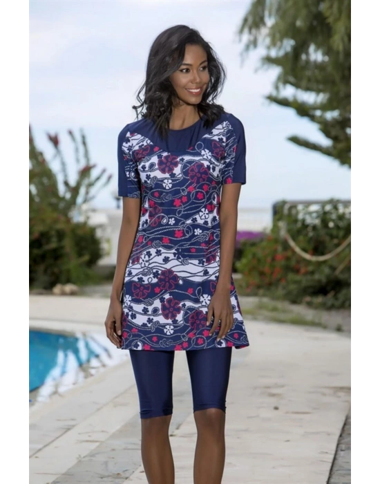 Kadın Lacivert Likralı Desenli Yarım Tesettür Mayo