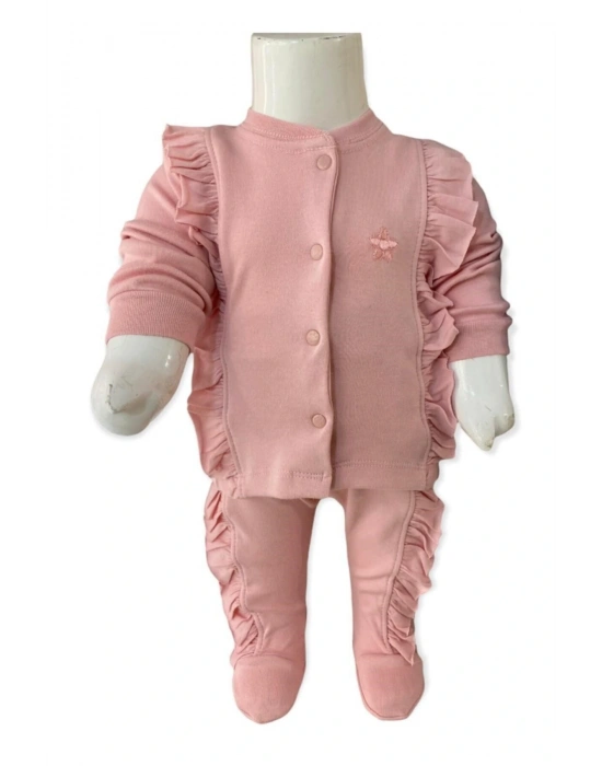 Kız Bebek Pudra Renk 2 Li Penye Ayaklı Takım