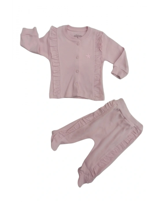 Kız Bebek Pudra Renk 2 Li Penye Ayaklı Takım