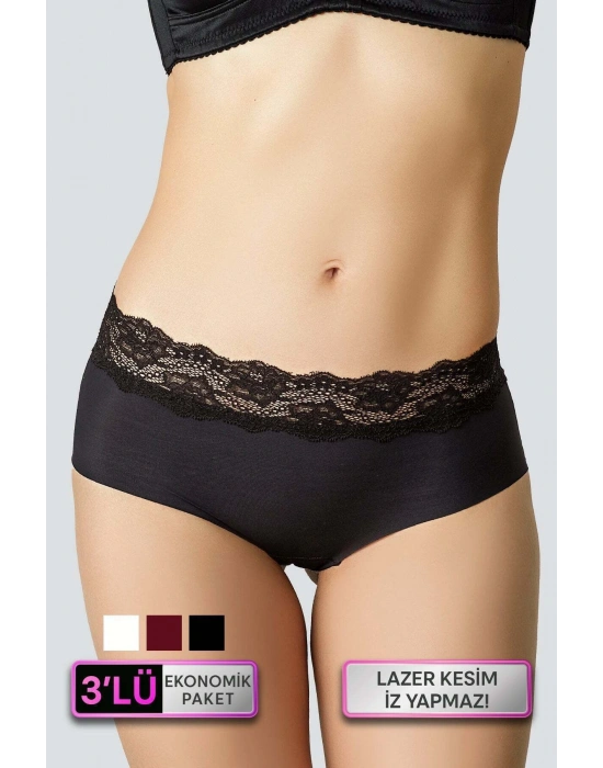 3lü Ekonomik Paket Ekru-bordo-siyah 2844 Dantelli Lazer Kesim Yüksek Bel Külot (AĞ KISMI PAMUKLU)