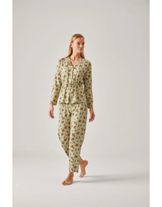 Koyu Yeşil Çiçek Desenli Belden Bağlı Viskon Kadın Pijama Takımı