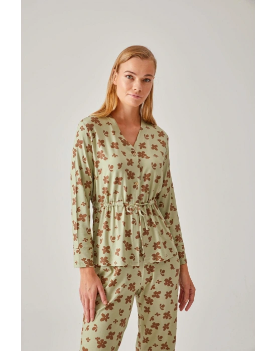 Koyu Yeşil Çiçek Desenli Belden Bağlı Viskon Kadın Pijama Takımı