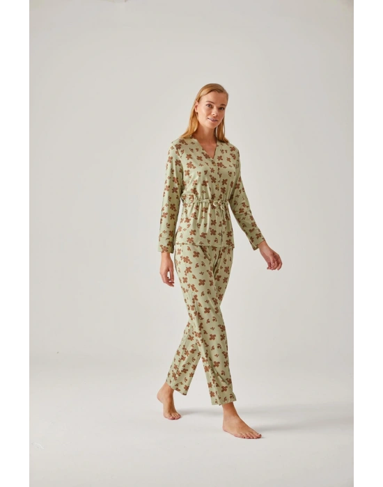 Koyu Yeşil Çiçek Desenli Belden Bağlı Viskon Kadın Pijama Takımı